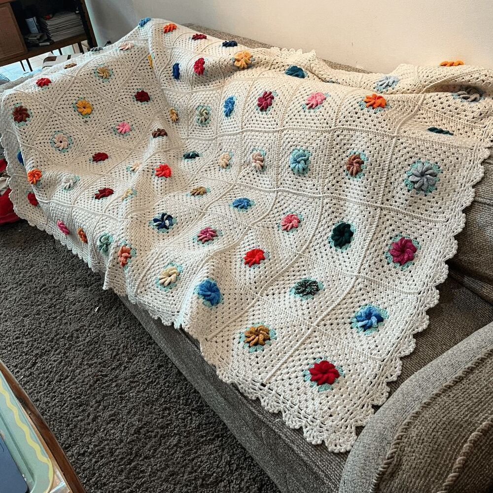 Handmade Crochet Afghan Blanket Puff 3D Flowers Cotton Blend 72x52 Boho Cottagec